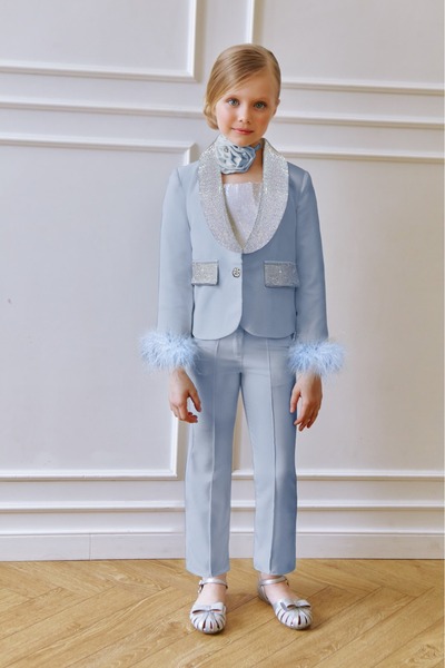 By Feyza Kids Collection By Feyza Girl's 4-Piece Set, Blue, Stoned Feather Jacket, Pants, Blouse, Rose Neck, Combination