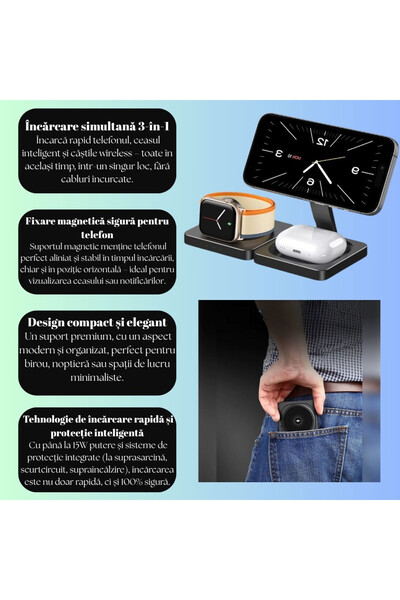 OEM Foldable wireless charger 3 in 1 fast charging 15W for iPhone, Apple Watch, AirPods, black