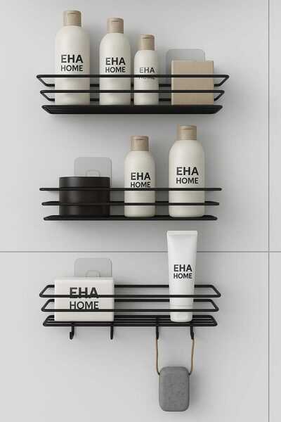 EHA HOME 3'lü Set Yapışkanlı 4 Kancalı Banyo Rafı Mat Siyah Banyo Şampuanlık ...