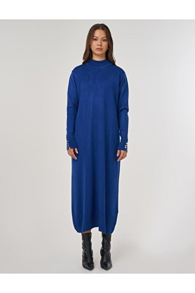 Kayra Yarım Balıkçı Yaka Triko Elbise Saks