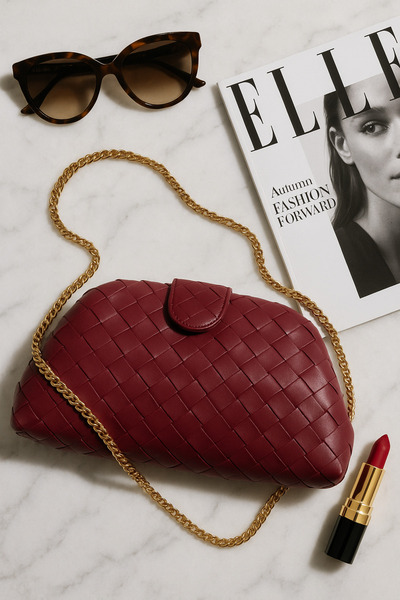 Selin Atelier Burgundy Knitted Leather Chain Portfolio Clutch Bag