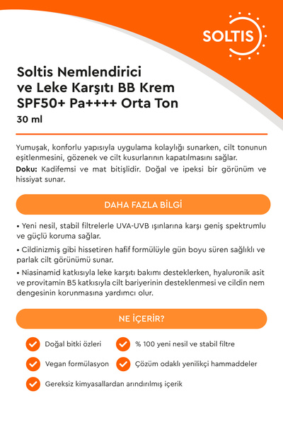 Soltis Nemlendirici Ve Leke Karşıtı BB Krem SPF50+ Pa++++ Orta Ton 30 ml