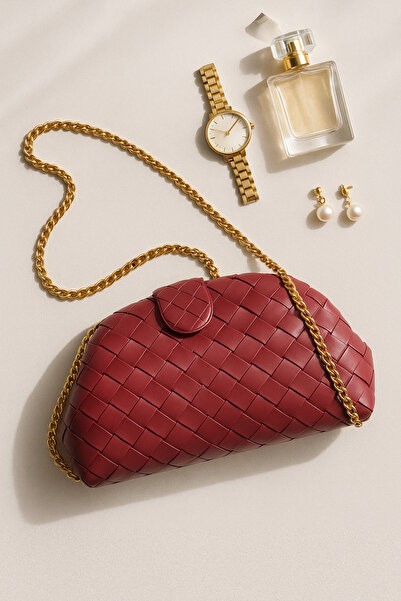 Selin Atelier Burgundy Knitted Leather Chain Portfolio Clutch Bag