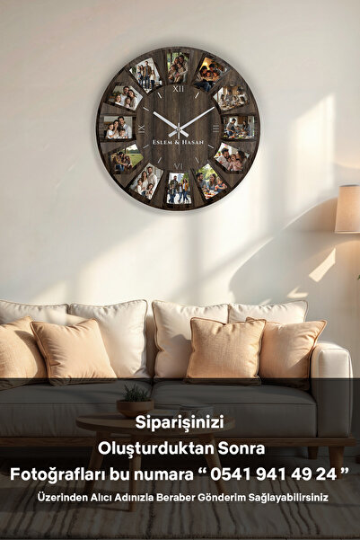 Lotus Digital Kişiye Özel 12 Fotoğraflı Estetik Ve Modern Ahşap Duvar Saati