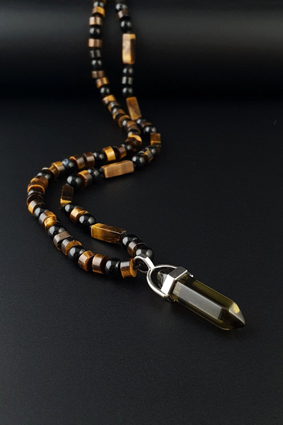 Seven Art Jewelry Doğal Taş Kolye, Kaplan Gözü, Akik, Dumanlı Kuvars Kolye, E...