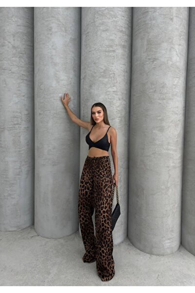 Genel Markalar Leopar Desenli Parlak Kumaş Beli Lastikli Pantolon