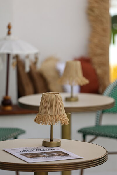 Maison Avf Rafya Saçaklı Şarjlı Masa Lambası - Alt Uzun Eskitme Gold