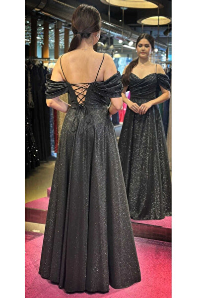 Abiyeniall Siyah İp Askılı  Sırt Dekolteli Anvelop  Yırtmaçlı Kloş Etekli Simli Uzun Abiye Elbise 7633