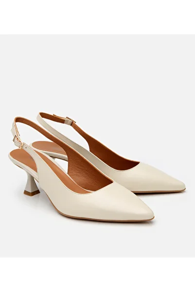 Hotiç Women's Leather Ecru Flexible Sole Open Back Heeled Shoes