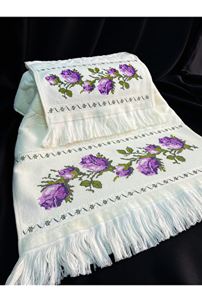 Sahra Çeyiz Nakış مجموعة مناشف مخملية مطرزة ومطرزة بتصميم خاص مكونة من قطعتين