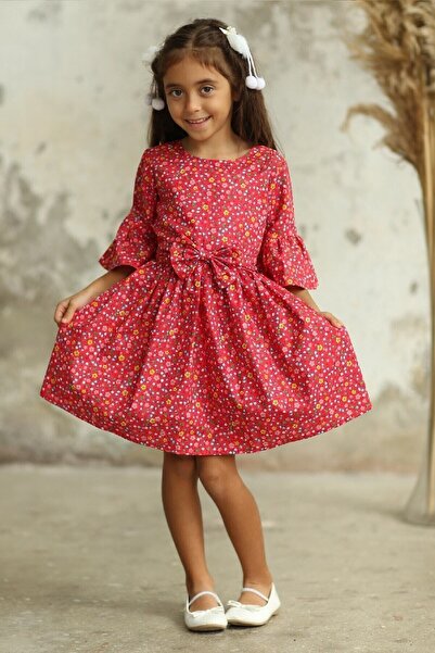 KÜÇÜĞÜM BUTİK Червена момичешка рокля на цветя с прибрана талия