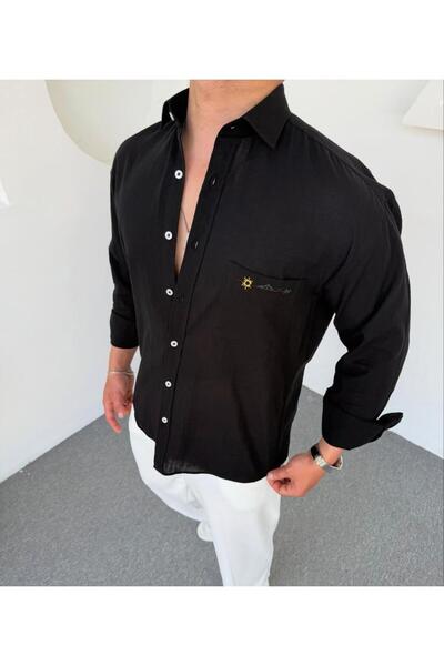 DEFES Κεντημένο Ανδρικό Πουκάμισο Oversize Λινό