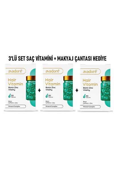 -3'LÜ SET SAÇ VİTAMİNİ + MAKYAJ ÇANTASI HEDİYE-BIOTIN ZINC VITALITY-MİNERALCOMPLEX-PÜRÜZSÜZ-90KAPSÜL
