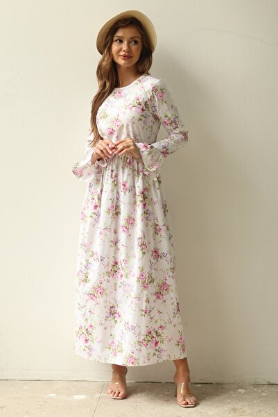 KÜÇÜĞÜM BUTİK Hijab Λευκό Φόντο Ροζ Μωβ Floral Φόρεμα (TESETTUR)