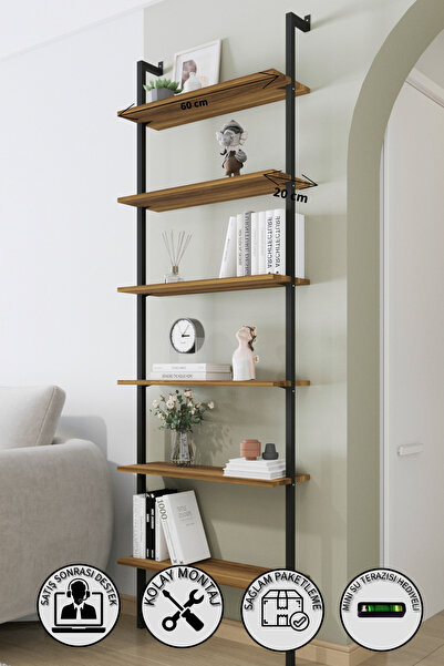 Walnut Multi-Purpose Bookshelf / Decorative Wall Shelf with 6 Shelves – Easy Installation, Robust Design