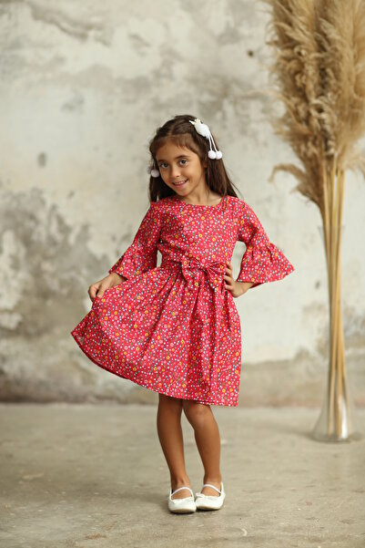 KÜÇÜĞÜM BUTİK Red Floral Girl's Dress with Gathered Waist