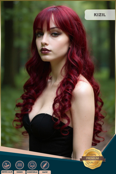 KONAK PERUK Dalgalı Perçemli Uzun Fiber Sentetik Peruk - Kızıl