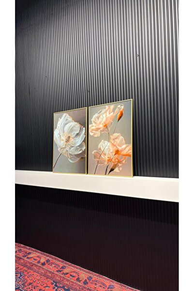 Tablomtr Işıltı Çiçek - Dijital Baskılı Gold Metal Çerçeveli Gerçek Camlı 2'li Dekoratif Tablo