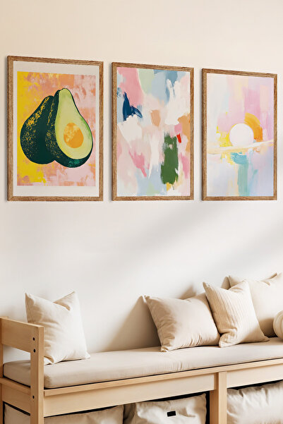 Zevahir Mobilya Dekorasyon Set de pictură MDF cu aspect de rama din lemn cu desen pastel, 3 piese