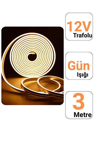 Ema Dükkan 3 Metre 12V Neon Led Şerit Gün Işığı Neon Led Prize Tak Çalıştır Anahtarlı 1.5M Fişli Aydınlatma