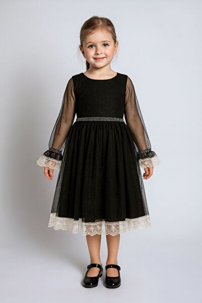 Prenses Peri Kids Kız çocuk abiye party kollu dantel detaylı elbise