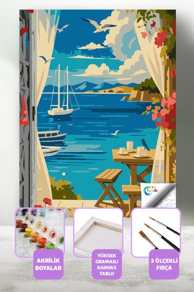 Tuvalle Mavi Pencere Sayılarla Boyama Seti, Hobi Seti, 40X50 Tablo, Fırça Boy...