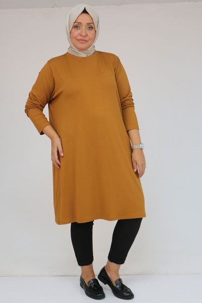 Eslina 38501 Plus Size Basic Combed Cotton Tunic - Tan