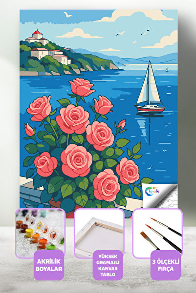 Tuvalle Güller ve Yelkenliler Sayılarla Boyama Seti, Hobi Seti, 40X50 Tablo, ...