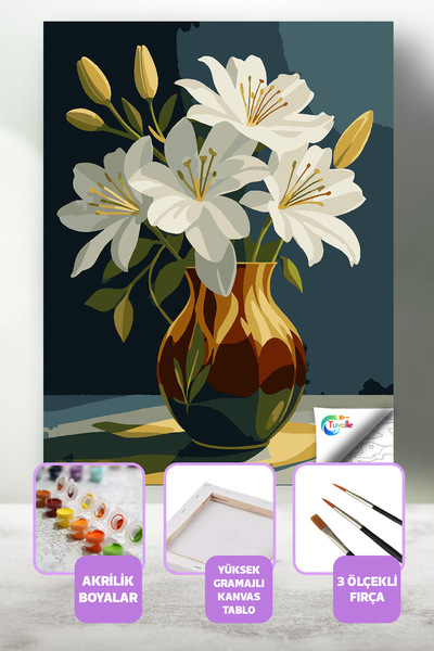 Tuvalle Beyaz Zambaklar Sayılarla Boyama Seti, Hobi Seti, 40X50 Tablo, Fırça ...