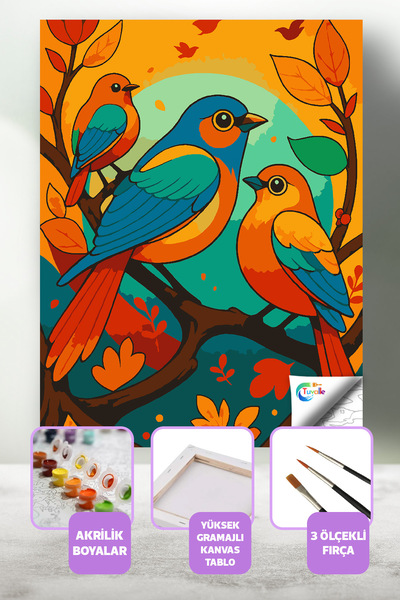 Tuvalle Kuşların Şarkısı Sayılarla Boyama Seti, Hobi Seti, 40X50 Tablo, Fırça...