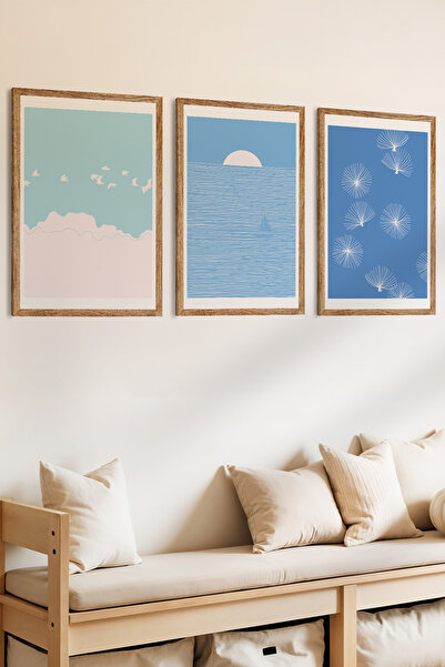 Zevahir Mobilya Dekorasyon Set de pictură MDF cu aspect de cadru din lemn, 3 piese, calm albastru