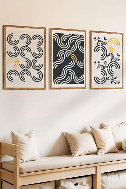 Zevahir Mobilya Dekorasyon Set de pictură MDF cu aspect de cadru din lemn cu tematică geometrică de flux, 3 piese