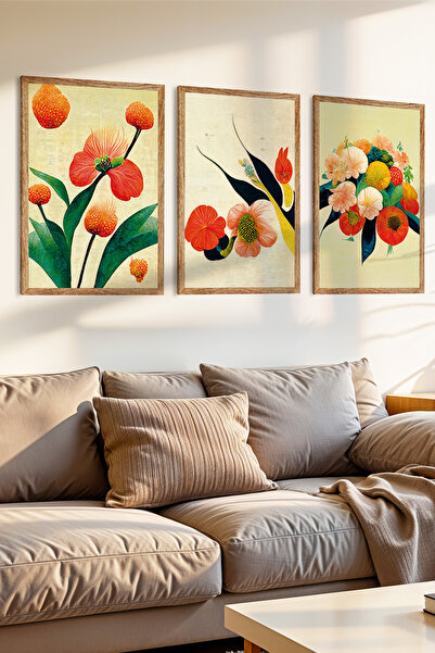 Zevahir Mobilya Dekorasyon Set de pictură MDF cu aspect de cadru din lemn, 3 piese, în starea de înflorire a concișiei