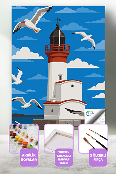 Tuvalle Deniz Feneri Sayılarla Boyama Seti, Hobi Seti, 40X50 Tablo, Fırça Boy...