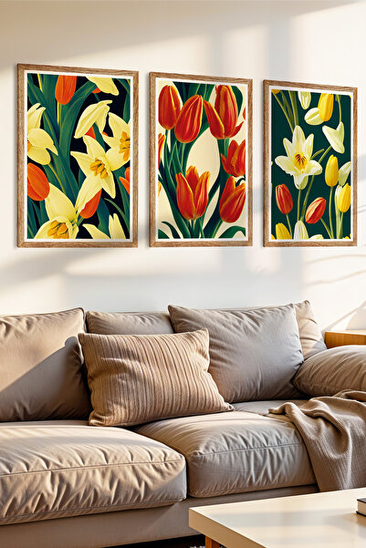 Zevahir Mobilya Dekorasyon Set de pictură MDF cu aspect de cadru din lemn tematic cu culorile primăverii, 3 piese