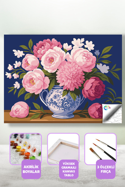 Tuvalle "Vazoda Bahar Sayılarla Boyama Seti, Hobi Seti, 40X50 Tablo, Fırça Bo...