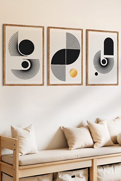 Zevahir Mobilya Dekorasyon Set de pictură MDF cu aspect de cadru din lemn, tematică geo-geometrică, minimalistă, 3 piese