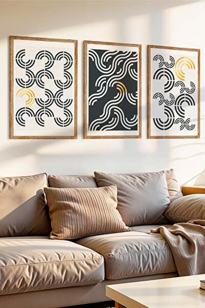 Zevahir Mobilya Dekorasyon Set de pictură MDF cu aspect de cadru din lemn cu tematică geometrică de flux, 3 piese
