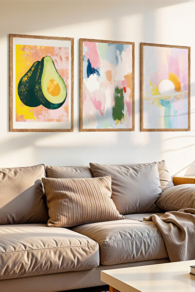 Zevahir Mobilya Dekorasyon Set de pictură MDF cu aspect de rama din lemn cu desen pastel, 3 piese