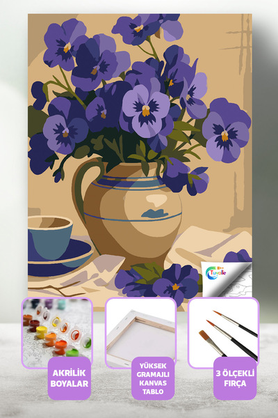 Tuvalle Çay Saati ve Menekşeler Sayılarla Boyama Seti, Hobi Seti, 40X50 Tablo...