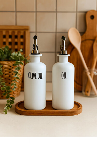 Mottogo مجموعة من 2 وعاء زيت زجاجي برأس فضي أبيض| حامل خشبي| زيت الزيتون-زيت ...