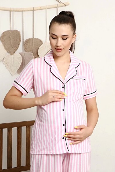 LadyMina Pijama Σετ Πυτζάμες Μητρότητας Ροζ Ριγέ 100% Βαμβακερό