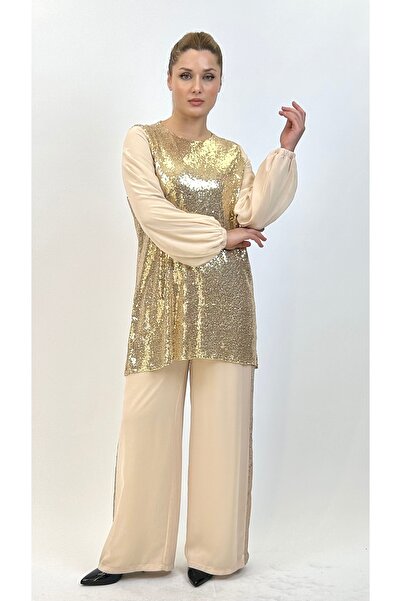 Ayda Triko Pul&Chiffon,Lined,Tunic Pants Big Size Suit