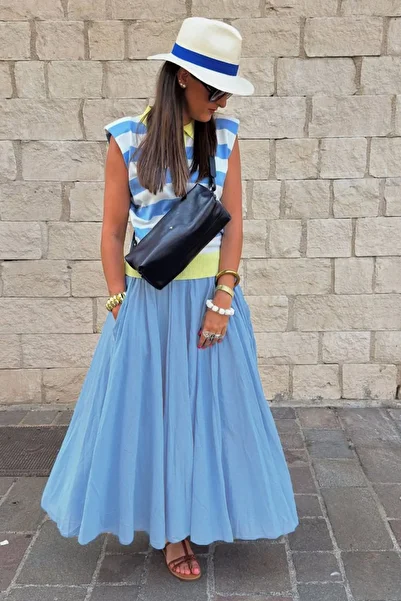 Madmext Baby Blue Voile Fabric Basic Women's Long Length Women's Skirt Mg2366