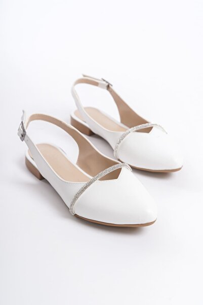 Zerenyus Allison Buckle Orthopedic Comfortable Stone Detailed Women's White Ballerinas