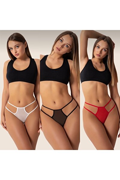 ŞAHANE İÇ GİYİM Original 3-Piece Fancy Red White Black Transparent String Panties Thong Set (Large Size)