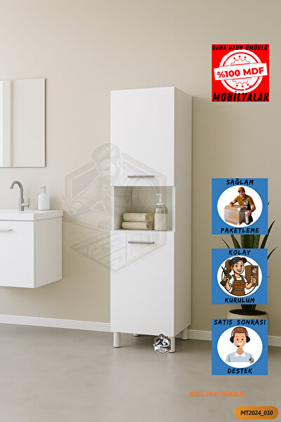Mobilyanı Tasarla Tamamı MDF Mercan Banyo Dolabı Boy Dolap Kapaklı Çok Amaçlı...