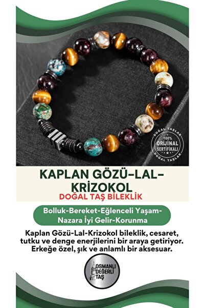 OSMANLI DOĞAL TAŞ Kaplan Gözü-bordo Granat Lal-krizokol Doğal Taş Erkek Bileklik