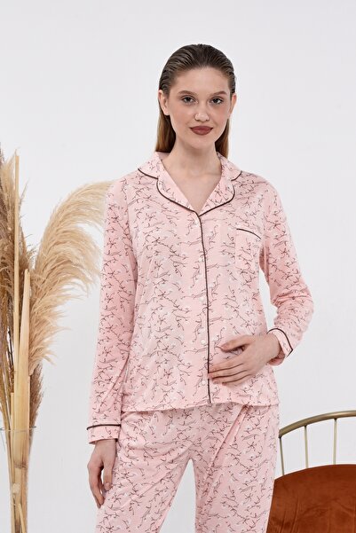 LadyMina Pijama Sada pyžama s dlouhým rukávem v pudrové barvě s květinovým vzorem pro těhotné a těhotné