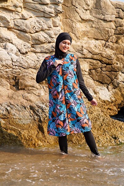 vawensea Women's Sleeves and Tights Lycra and Body Parachute Hijab Swimsuit Blue Leaf